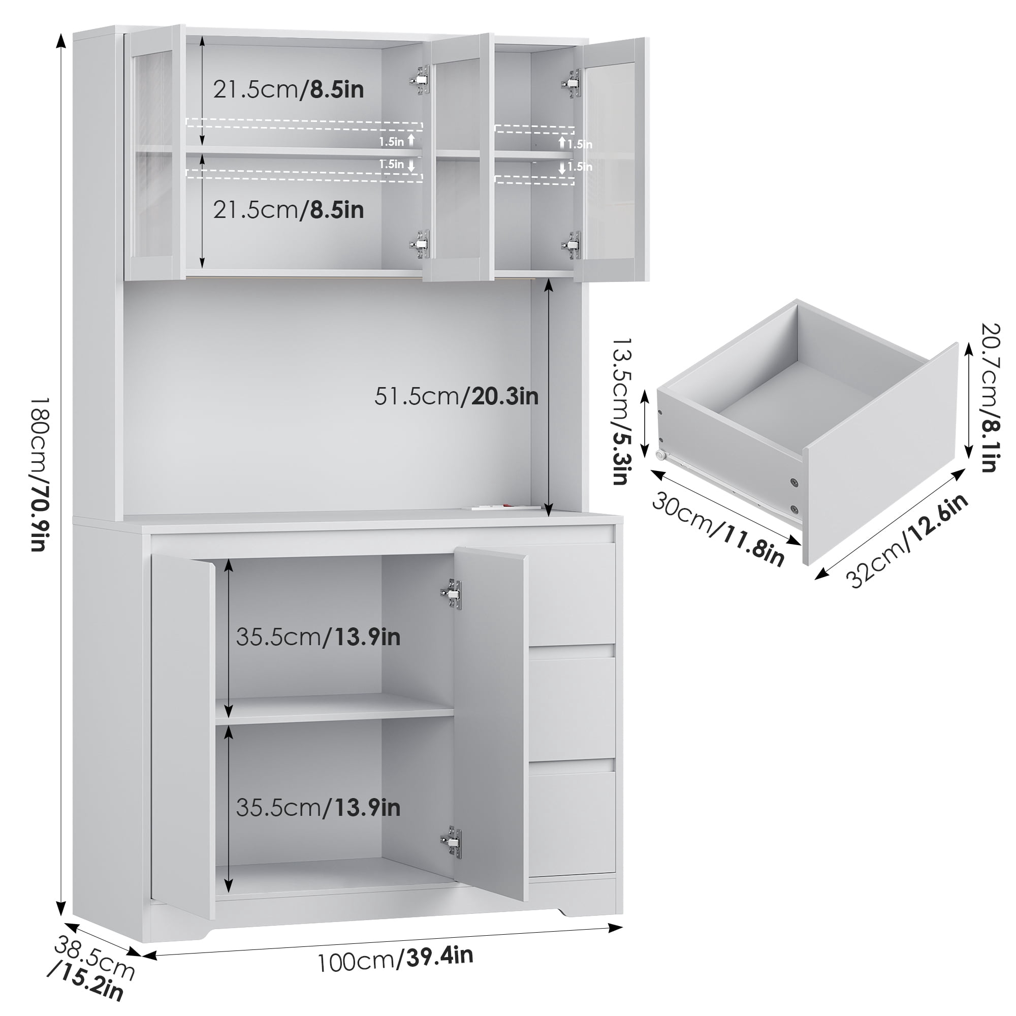 Homfa 70.9'' Kitchen Pantry Cabinet with Charging Station and LED Light, 3 Drawers Buffet Storage Cabinet with Glass Doors and Adjustable Shelves, Gray