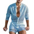 thumbnail image 1 of xiaxaixu Men's Summer 2 Piece Outfits Long Sleeve Hollow Out Button Down Shirt + Shorts Set Tropical Suits, 1 of 6