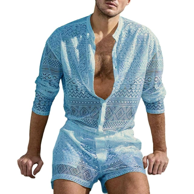 xiaxaixu Men's Summer 2 Piece Outfits Long Sleeve Hollow Out Button Down Shirt + Shorts Set Tropical Suits