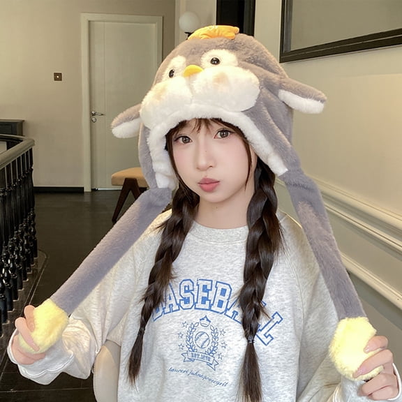 Animal Plush Hat with Moving Jumping Ears Pop Up Beating Hat Plush Cosplay Dress Up Funny Gift for Kids Adult Gray Free