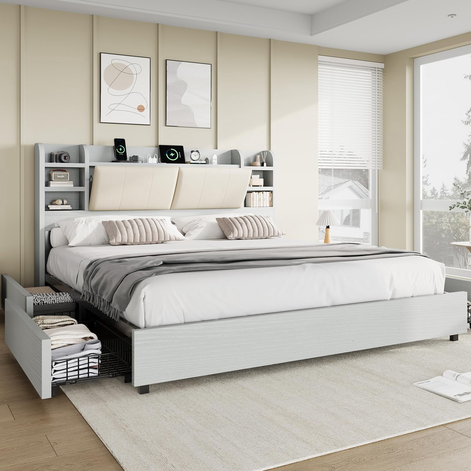 amerlife King Size Bed Frame with 4 Storage Drawers with 47.2" Bookcase Headboard, Charging Station,Light Grey
