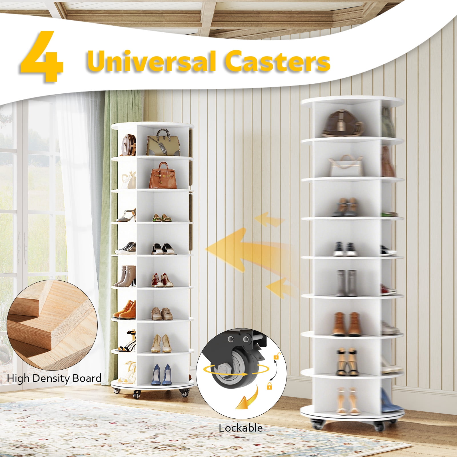 AECOJOY 8-Tier Rotating Shoe Rack with 4 Casters, 360° Spinning Organizer for Closet Storage, White
