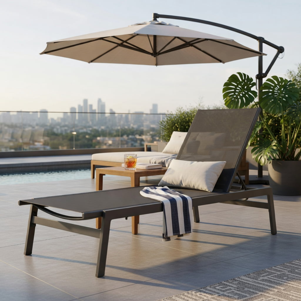 Hommoo 6-Position Adjustable Outdoor Chaise Lounge Chair, Rustproof Steel Frame, Breathable Quick-Dry Fabric, for Patio, Poolside & Backyard, Gray