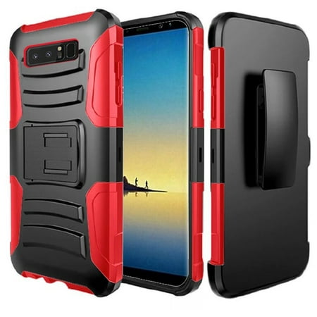 Samsung Galaxy Note 8 Case, Hybrid Rugged Heavy Duty Armor Defender Dual Layer Kickstand Belt Clip Holster Combo for Samsung Galaxy Note 8 - Black/ Red