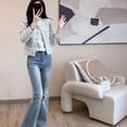 thumbnail image 6 of Fall Spring Women Jacket Retro Button Decoe Round Neck Single-breasted Chest Pockets Long Sleeves Loose Commuting Dating Coat, 6 of 7