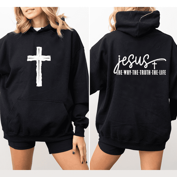 Women's "Jesus The Way The Truth The Life" Cross-Themed Graphic Breathable Hoodie Hooded long-sleeved Black S-2XL