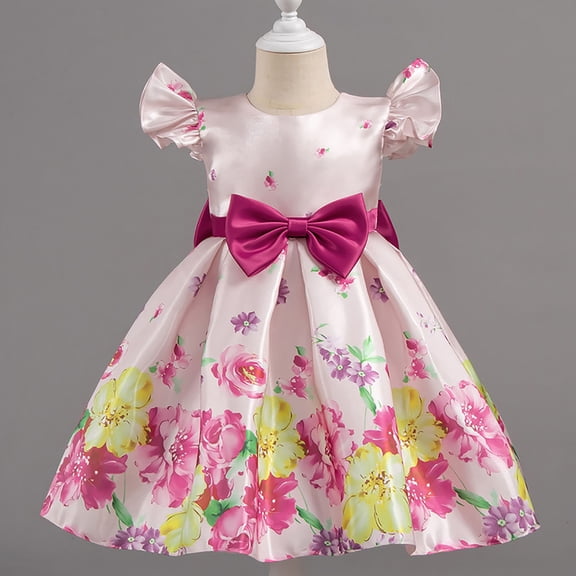 ATOGUTA Dress for Girls Elegant Dress Short Sleeve A-Line Floral Midi Party Special Occasion Size 1T-9, Red
