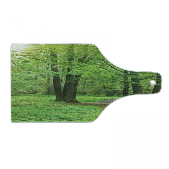 Nature Cutting Board, Summer Season Forest with Flourishing Trees Grass and Pathway Tranquil Scenery, Tempered Glass Cutting and Serving Board, Wine Bottle Shape, Fern Green Brown, by Ambesonne