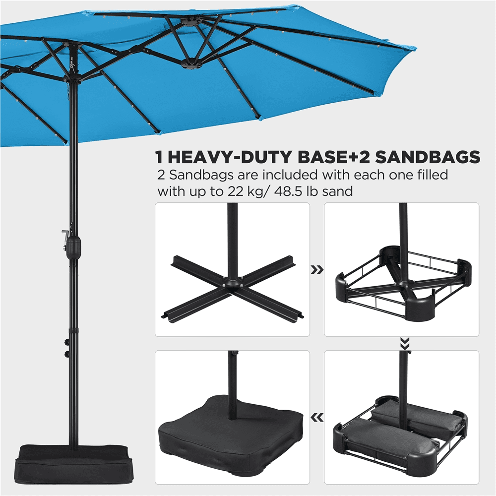 Renwick 13ft Large Patio Umbrella with Solar Lights & Base, Sky Blue