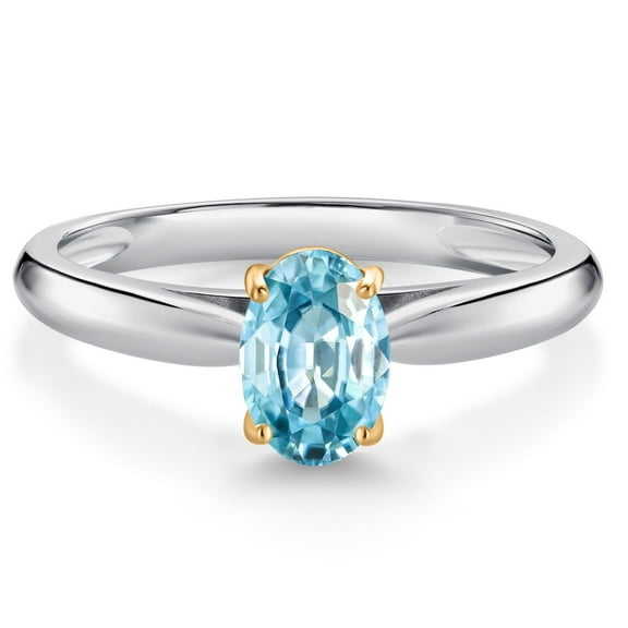 Gem Stone King 10K White and Yellow Gold Blue Zircon Solitaire Engagement Ring for Women (1.25 Cttw, Oval 7X5MM, Gemstone December Birthstone, Size 8)