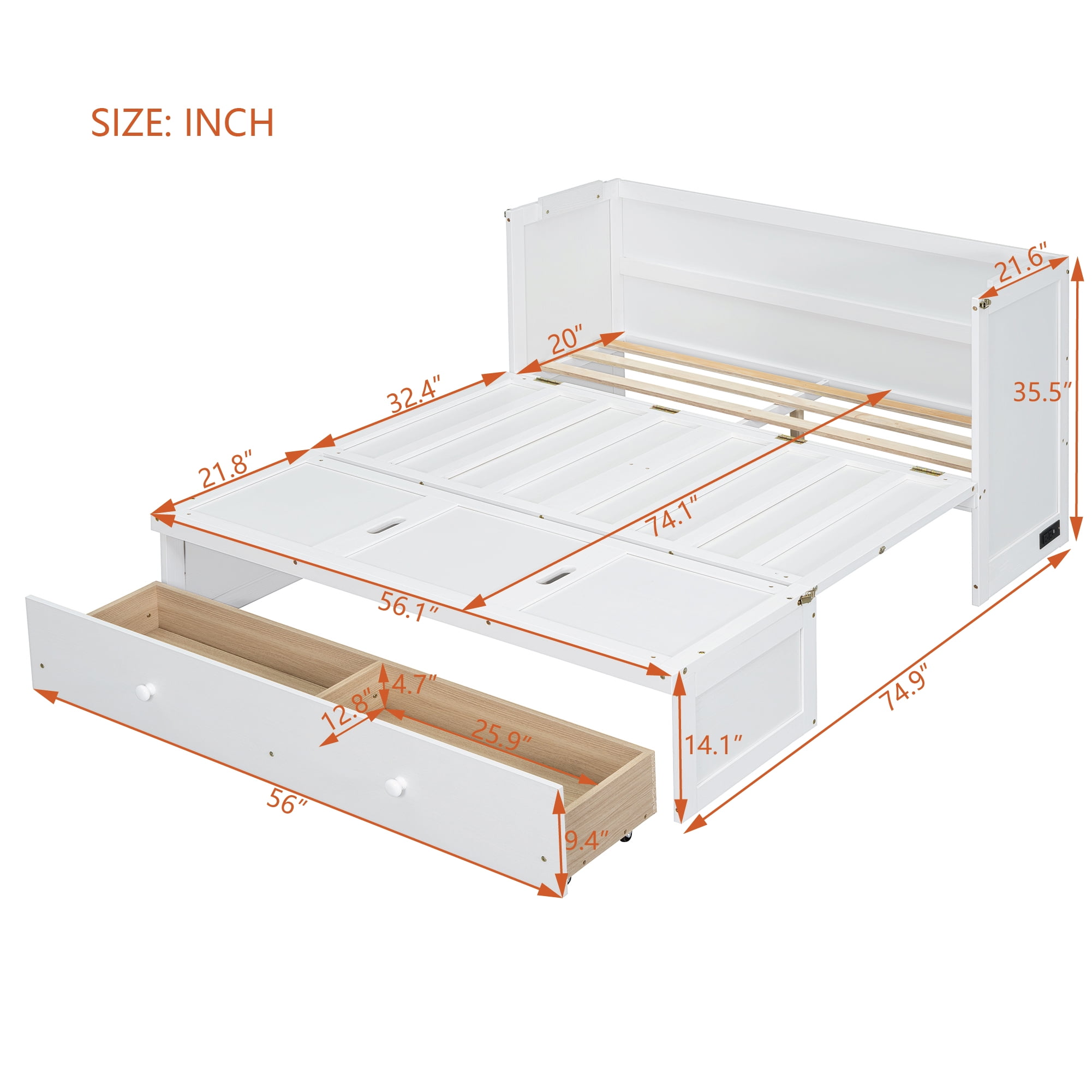 Mintazer Full Murphy Bed with Storage Drawer & Charging Station, Modern Foldable Cabinet Bed for Bedroom Apartment Guest Room, White
