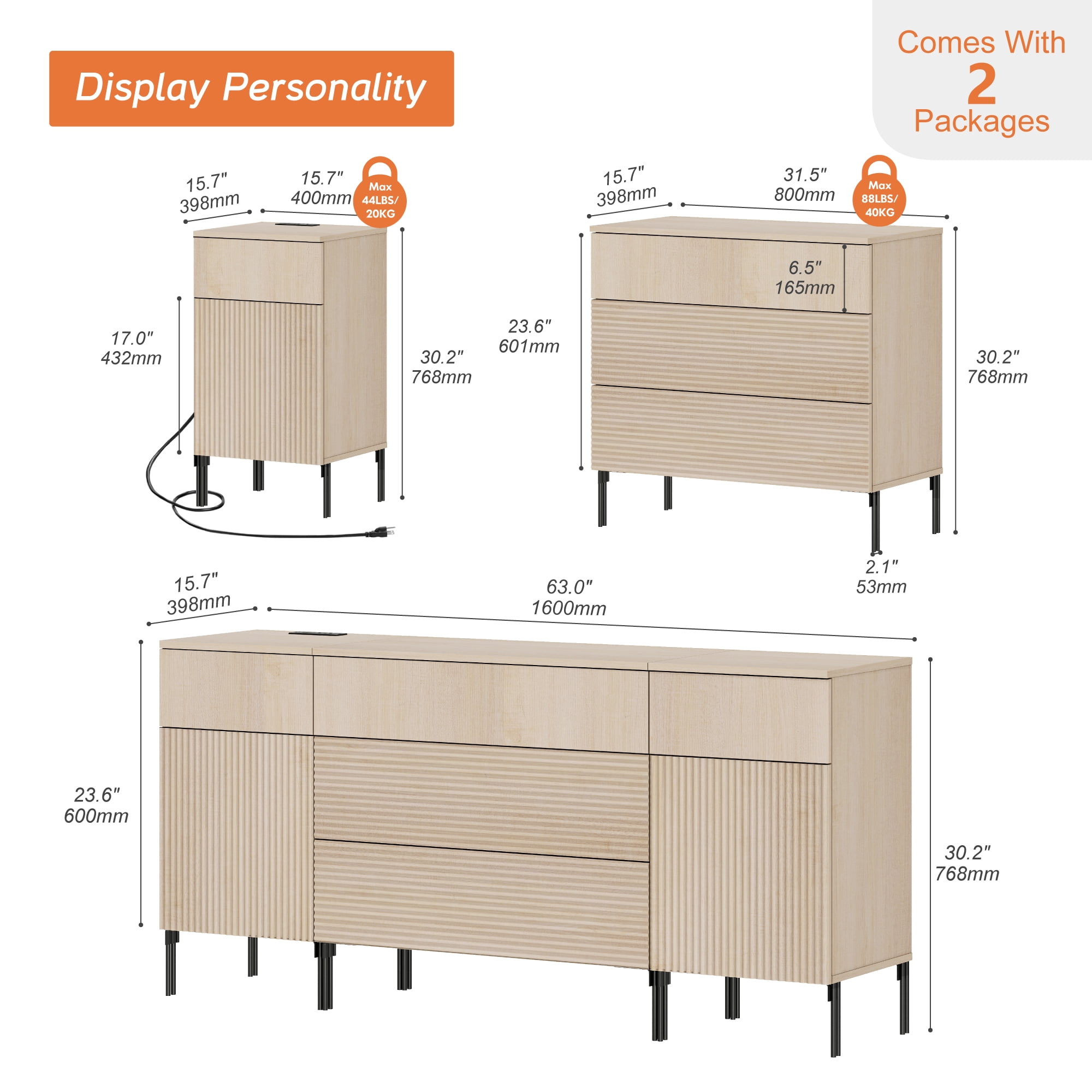 WAMPAT 63" 5 Drawer Dresser with Charging Station, Modern Fluted Wood Dresser with 2 Door Storage Cabinets, Push-to-Open Organizer for Bedroom, Living Room, Entryway