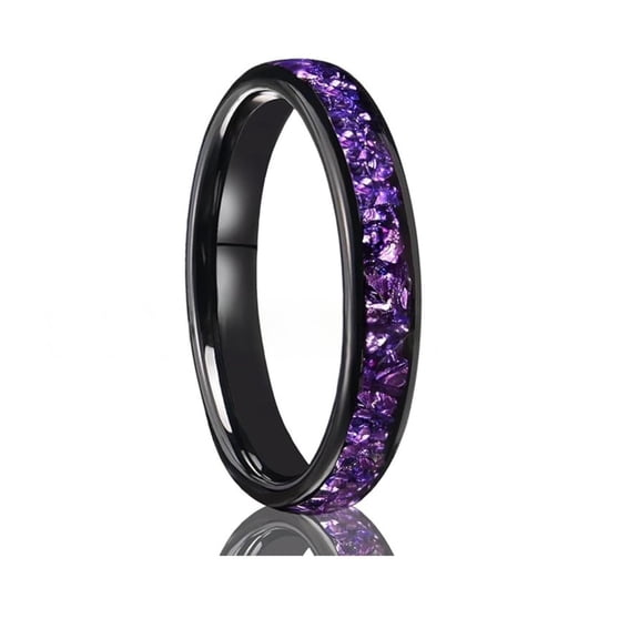 4mm Wide Curved Polished Electric Black with Purple Crystal Tungsten Gold Ring