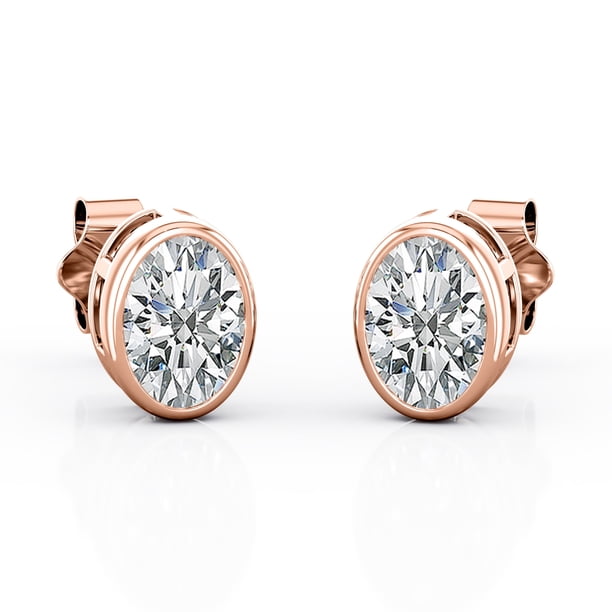 JeenMata Pendientes con Solitario de Moissanita Ovalada de 1 Quilate Engastado en Bisel y Baño de Oro Rosa de 18 K sobre Plata