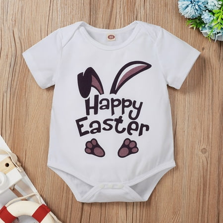 

lizhenling Easter Decor Toddler Boys Girls Easter Summer Short Sleeve Cartoon Rabbit Prints Triangle Romper Bodysuits Easter Gifts White 92