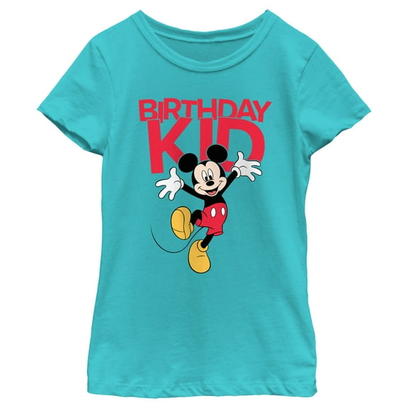 Girl's Mickey & Friends Happy Birthday Kid Graphic Tee Tahiti Blue Medium