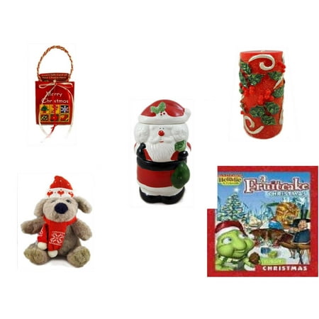 Christmas Fun Gift Bundle [5 Piece] - Musical Gift Card Holder -  Candle Holly Berry Pillar 3 x 6 - 3 Piece Santa Potpourri Tealight Warmer  - Soft & Cuddly  Dog Sitting  12
