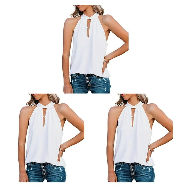 sweethay Blusa sin mangas para mujer camisa con cuello de corbata de Color solido ropa transpirable para viajes de compras en la oficina Top Blanco S 3Conjunto Walmart en linea