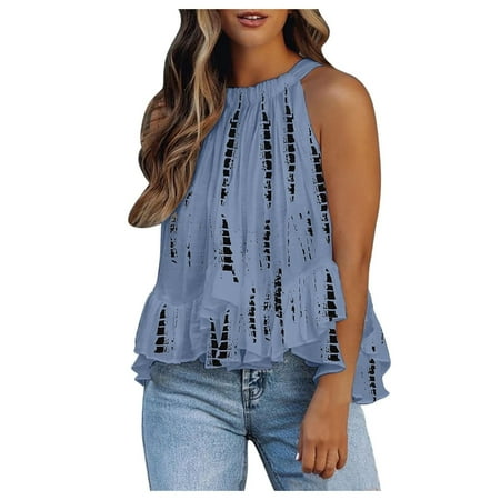 

Tank Top For Women Cropped Halter Neck Vest Shirt Floral Sleeveless Shirt Woman Pleated Casual Camisole Tee Blue Medium