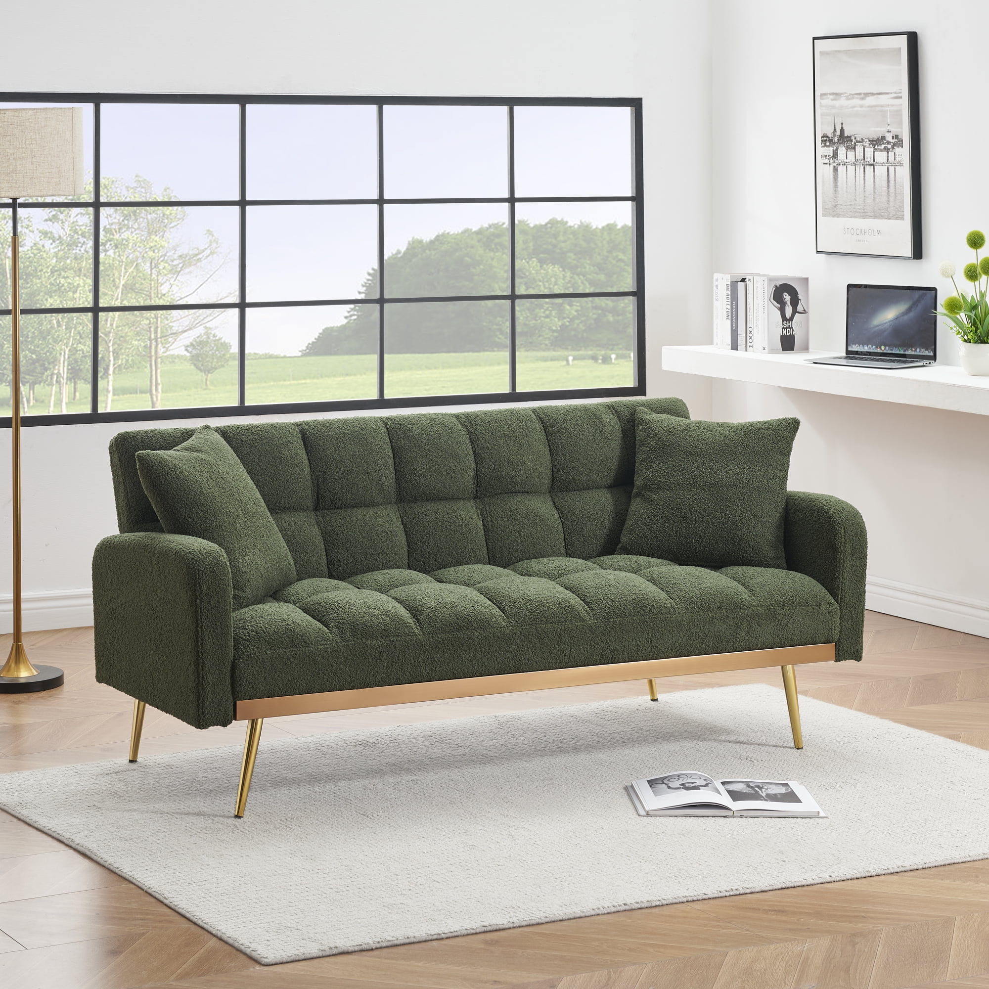 Convertible Futon Sofa Bed,69 Inch Modern Teddy Loveseat Sofa Couch with Adjustable Backrest for Small Space,Living Room,Green