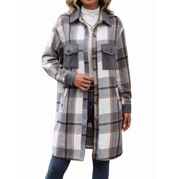 Women'S Plaid Shacket Jacket Long Sleeve Button Up Flannel Shirt Casual Shaket Lapel Coats Gray XL