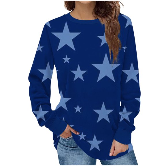 Iroehba Sweatshirt for Women Crew Neck Pullover Long Sleeve Star Print Drop Shoulder Modern Cut Soft Comfy Casual Outfit