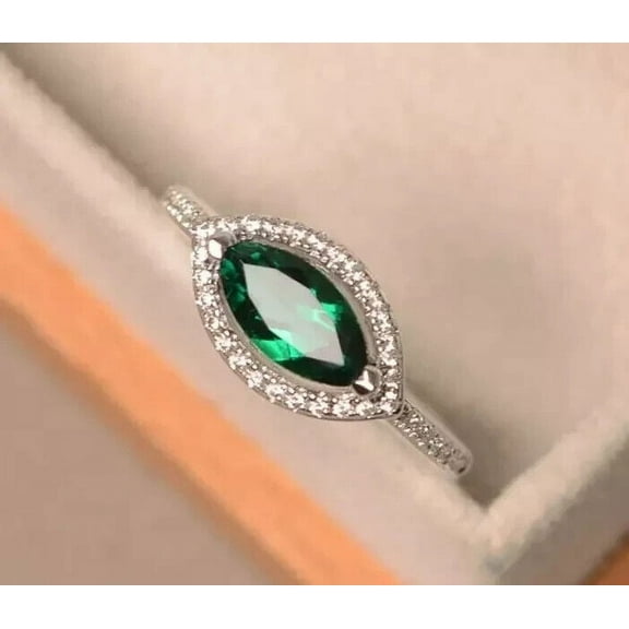 Ramji Jewels Women's Emerald Ring in 14K White Gold Plated with 2Ct Marquise Cut Lab Created Diamond