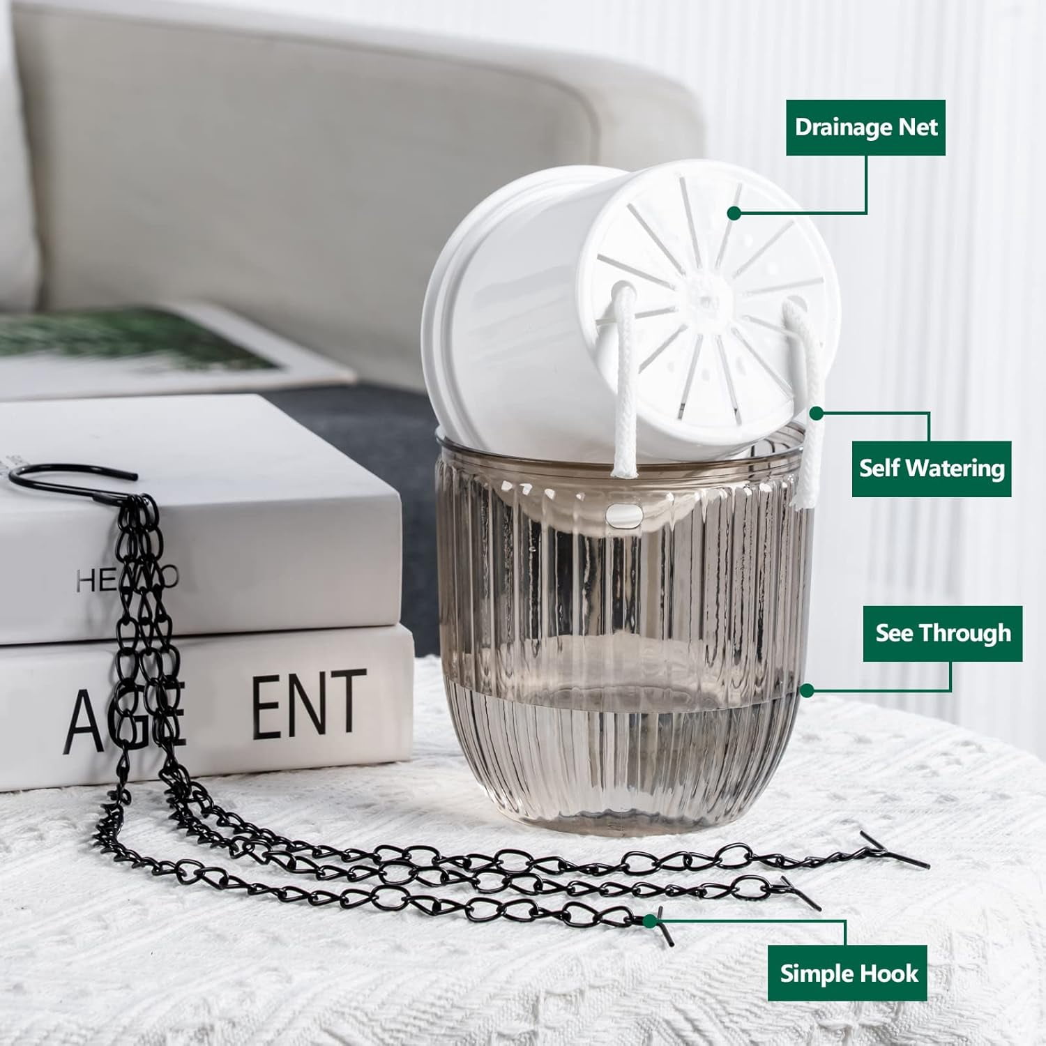 Self-Watering Hanging Planter with 3 Hooks, GIXUSIL 3-Pack 4 inch Green Plastic Flower Pot for Indoor Outdoor Garden Decor