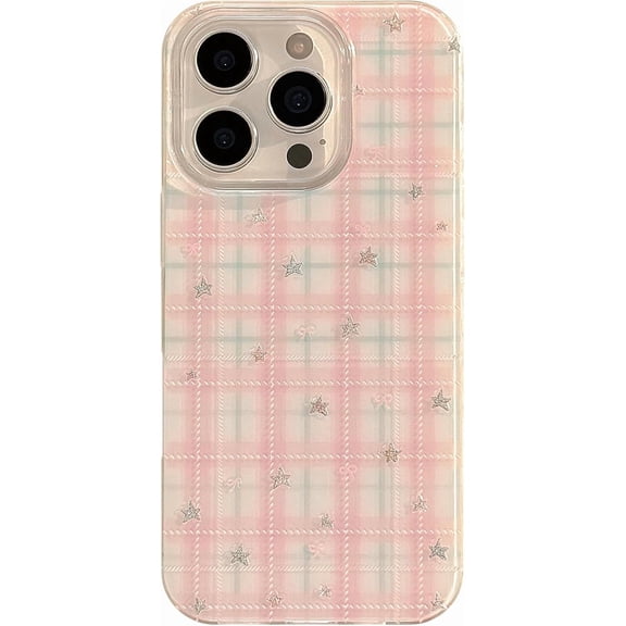 Designed for iPhone Case, Frosted Sweet Pink Checkered Star Phone Case(Pink, for iPhone 15)
