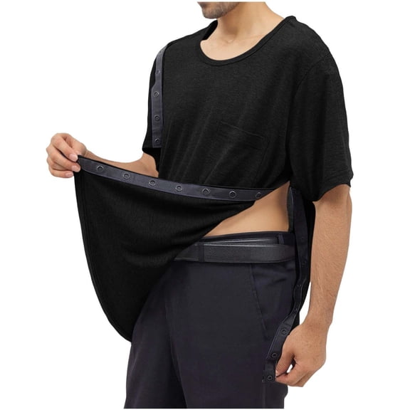 YLSDY Men's Solid Chest Pocket Post Surgery Top Snap Front Short Sleeve Adaptive Round Neck Shirt Black M