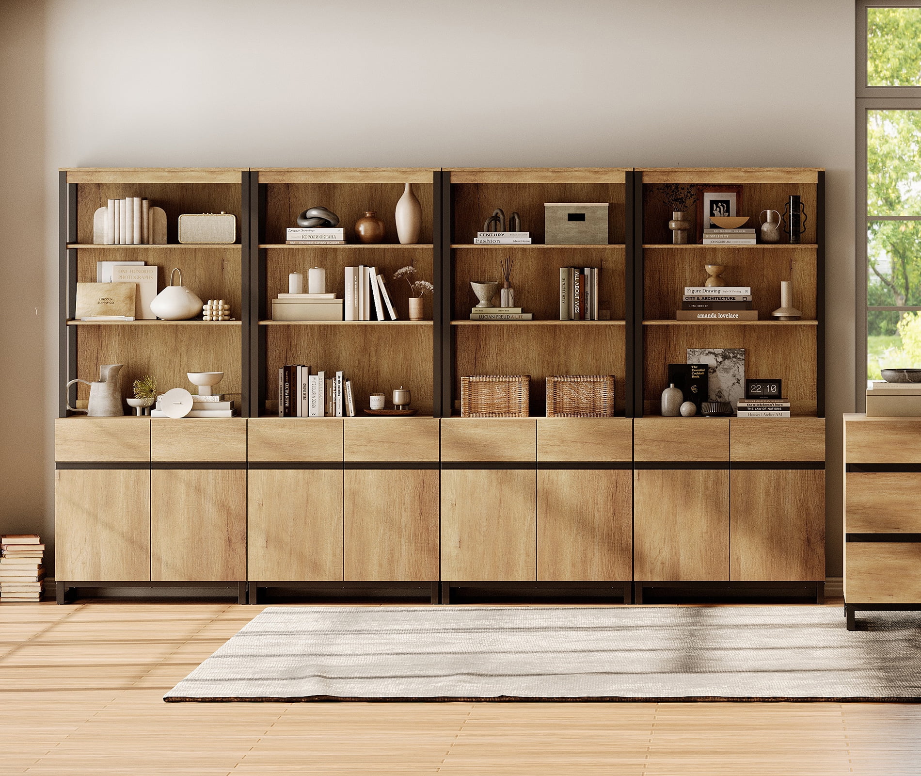 4 PCS Modern 72 Inch Tall Bookcase Units with Reinforced Metal Base, Large Library Bookshelf Set with Adjustable Shelves and Closed Storage Cabinet for Living Room Office