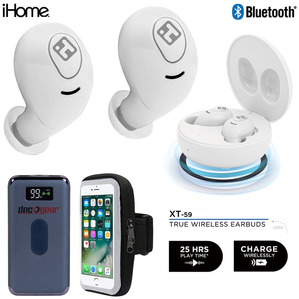 Bytech HM-AU-BE-200-WT iHome XT-59 True Wireless Earbuds, White Bundle with  eco Gear Portable Charger with Wireless Charging and Deco Essentials Cell  Phone Sport Armband Holder with Zipper Pocket 