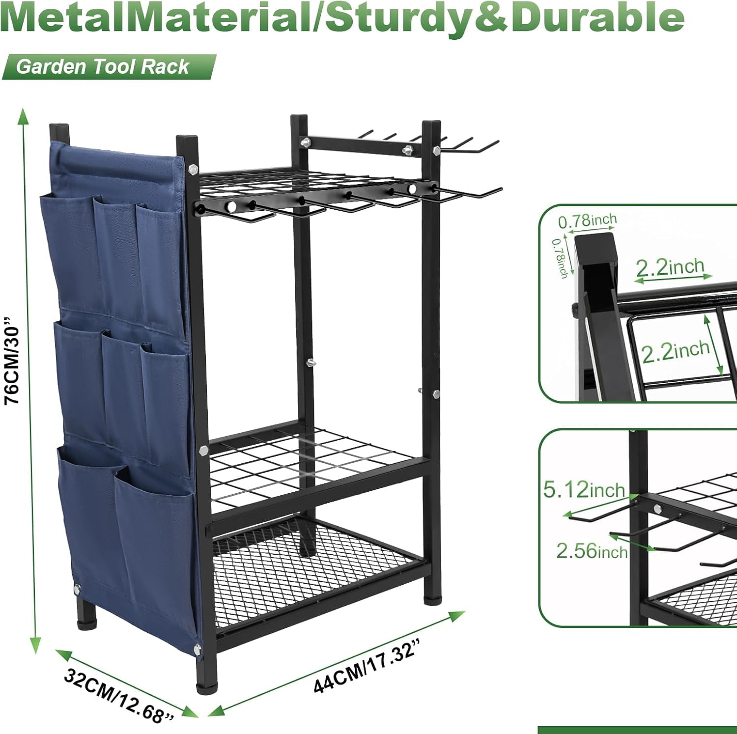 Freestanding Garden Tool Rack, 3-Tier Heavy Duty Organizer with Hooks and Pockets for Shovels, Rakes, Brooms – Outdoor Yard Storage Solution