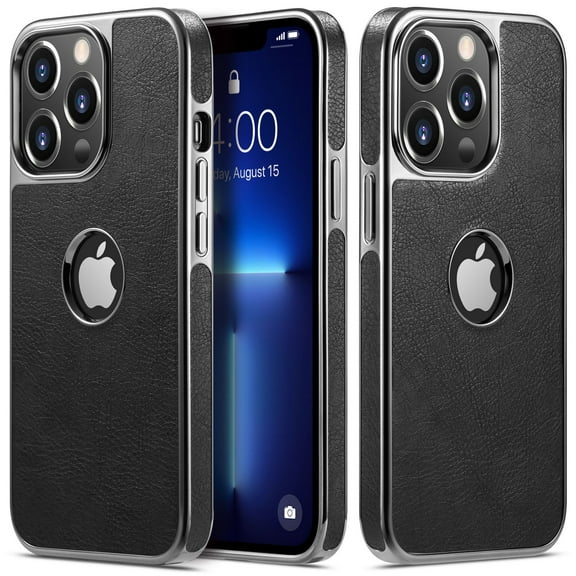 MOHEYO Shockproof Logo View Cover Metallic Frame Vegan Leather Case for iPhone 13 Pro Max - Black