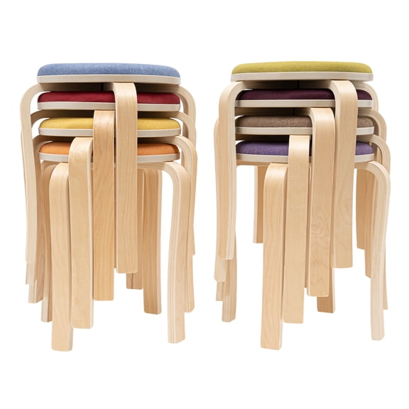 Stackable Set of 8 Stools,Upholstered Round Bar Stools with Foot Mat, Wooden Stacking Portable Stools, Multipurpose Chair for Home Breakfast Dining Kitchen Office Classroom, Multicolor
