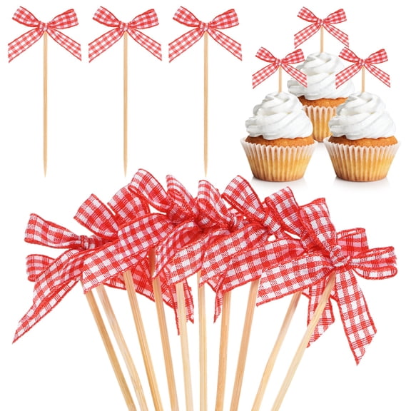 Uxcell 30-Pack Bow Cupcake Toppers, Ribbon Bow Cake Toppers Plaid Bowknot Cupcake Picks Birthday Cake Decor for Bridal Shower [Red]
