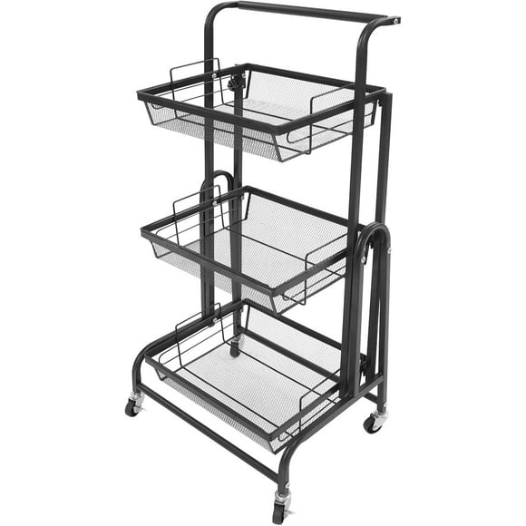 Mobile Utility Cart, 3 Tier Rolling Cart Adjustable Metal Storage Cart with Wheels, Mesh Utility Cart Organizer Craft Cart for Kitchen, Office, Bathroom, Garden, Laundry Room, Black
