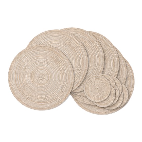 Woven Braided Placemats Set of 12, Washable Heat Resistant Cotton Polyester Circle Table Mats for Kitchen and Dining Table Decor, Beige