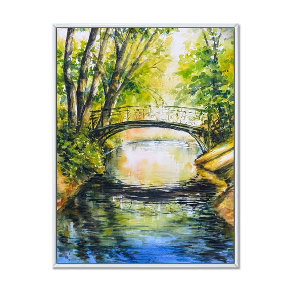 Designart 'Forest Park With Bridge Over Troubled Water' Lake House Framed Canvas Wall Art Print