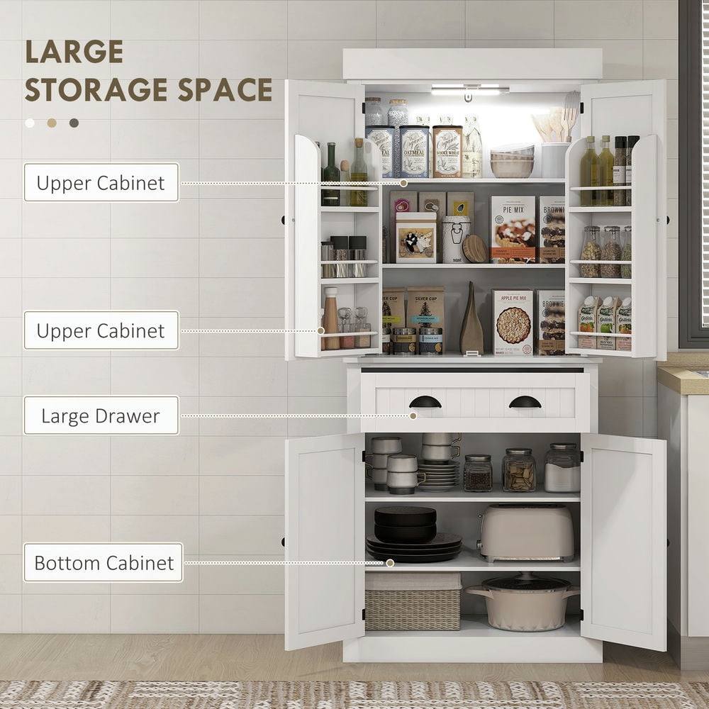 Resenkos Kitchen Pantry,71" Kitchen Pantry Cabinet with LED Lights, 6 Door Shelves, a Drawer and 4 Adjustable Shelves, White