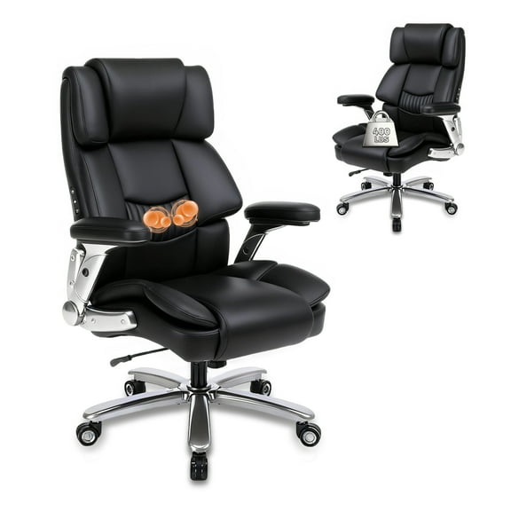 EOP Big and Tall Heavy Duty Office Chair, Ergonomic Massage Desk Chair with 4D Adjustable Armrests and Lumbar Support, Faux Leather Executive Computer Chair with Quiet Rubber Wheels, Black
