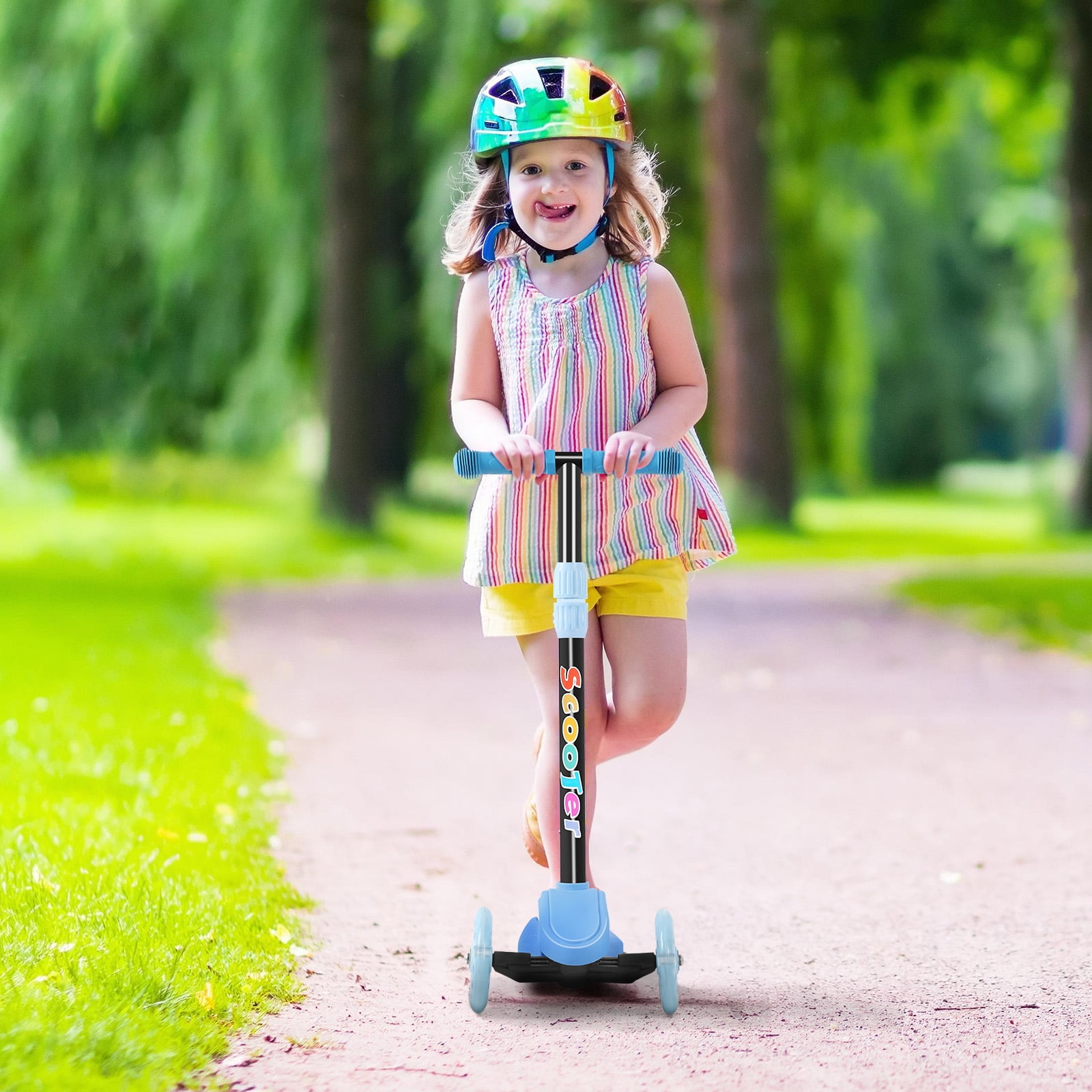 Kids Kick Scooter with Adjustable Height and Light Up Wheels, Light Blue