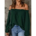thumbnail image 3 of Women'S Off Shoulder Top Ruffle Long Sleeve Chiffon Blouse Casual Loose Shirts Green XL, 3 of 6