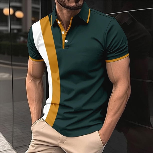 Blusa y camisa de manga corta con cuello alto para hombre, camisa informal de verano de manga corta con cuello alto, abotonada, con bloques de color, tops para hombre