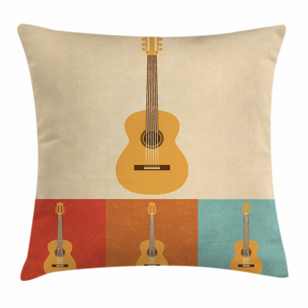 Guitar Throw Pillow Cushion Cover, Retro Icons Acoustic Guitars in