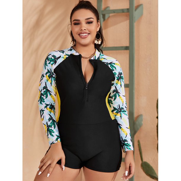 Olrik Clothing Women S Plus Size Contrast Tropical Zip Front One Piece Swimsuit Walmart Com Walmart Com