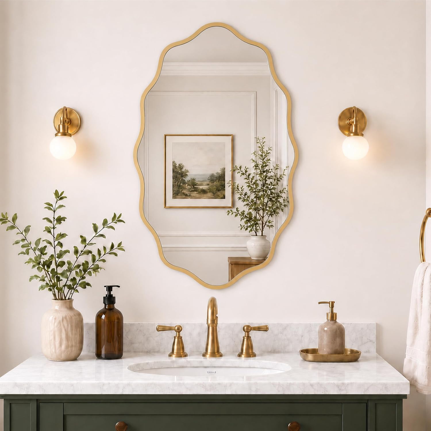 PERFNIQUE Gold Scalloped Mirror, 30''L×18''W Oval Wavy Wood Framed Mirror for Wall Decor, Hanging Leaning for Bathroom, Nursery, Entryway, Vanity, Living Room