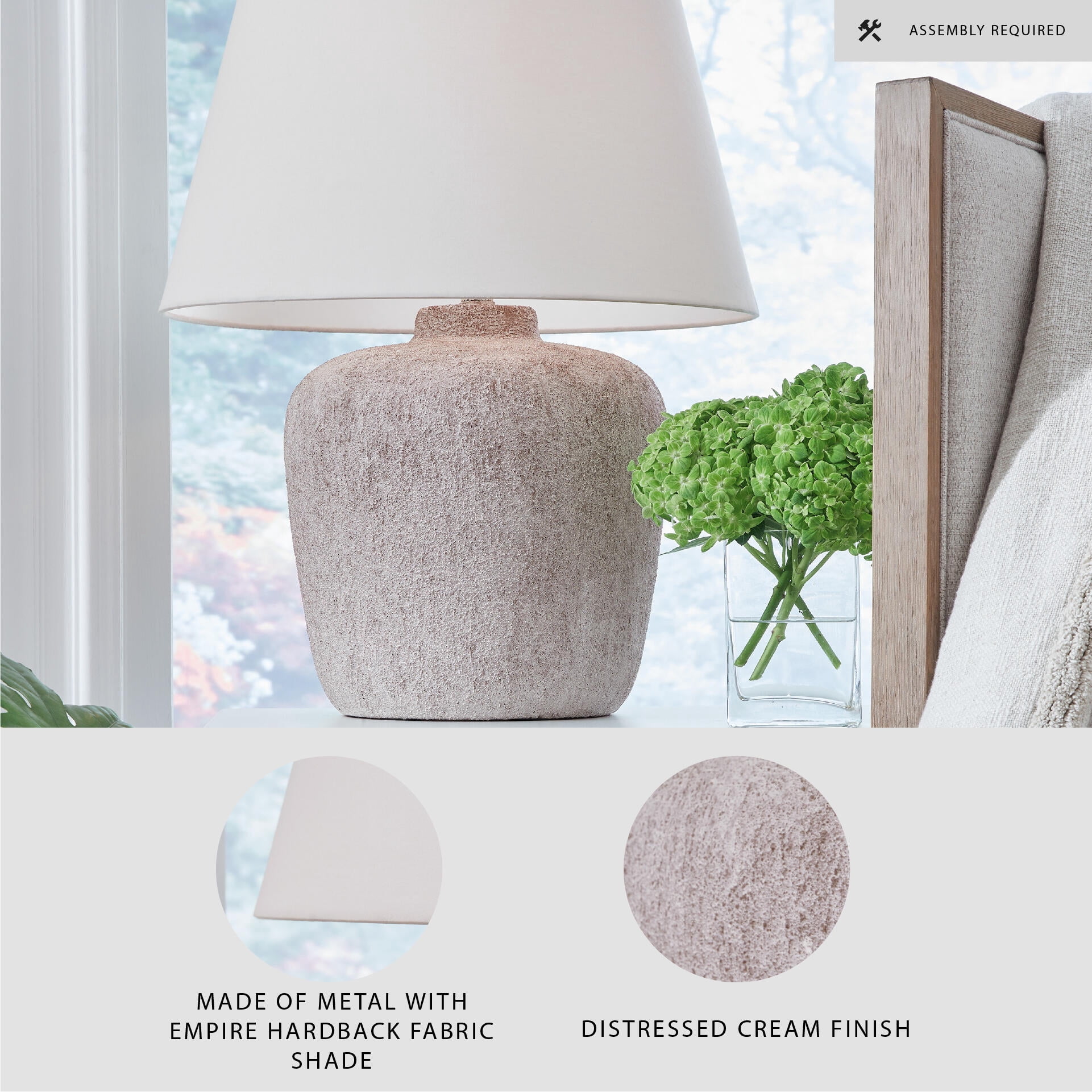Signature Design by Ashley Danry Distressed Cream Table Lamp, Metal Base with Fabric Shade, 3-Way Switch