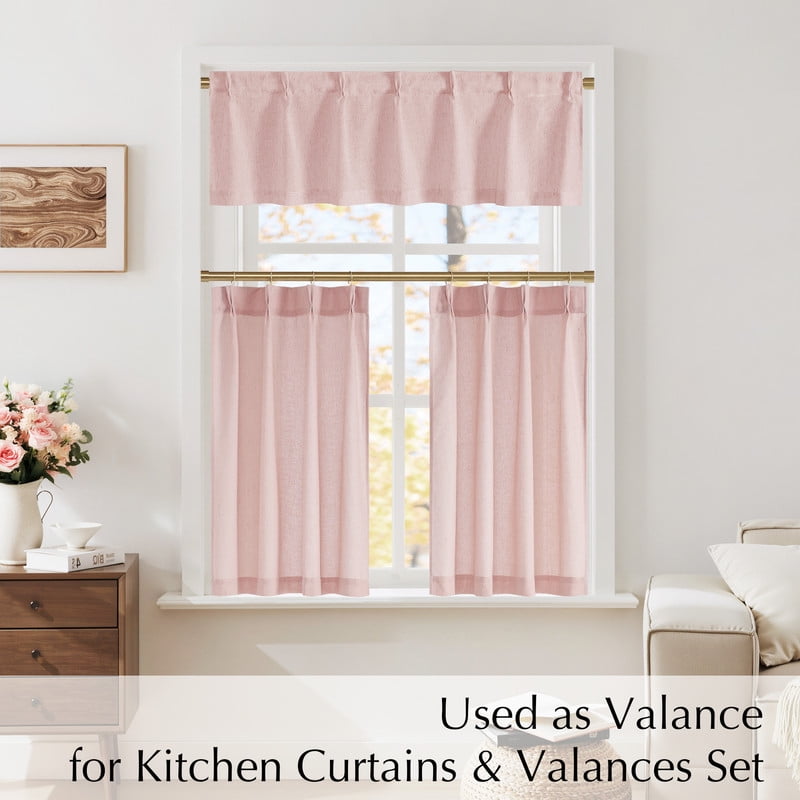 NICETOWN Pleated Linen Curtains for Kitchen, Semi Sheer Light Filtering Short Farmhouse Window Treatment for Bedroom Living Room, Light Pink, 26"x36", 2 Panels Set
