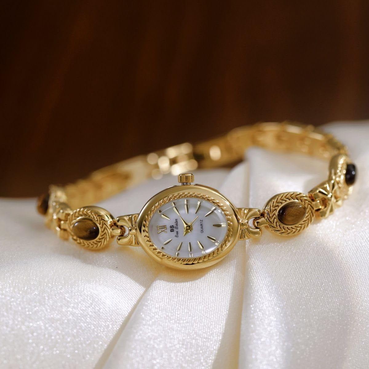 Gold Watches for Women with Small Vintage Bracelet Elegant Jade Oval Dial Dress Watch Fashion Quartz Wrist Watch Waterproof Watch